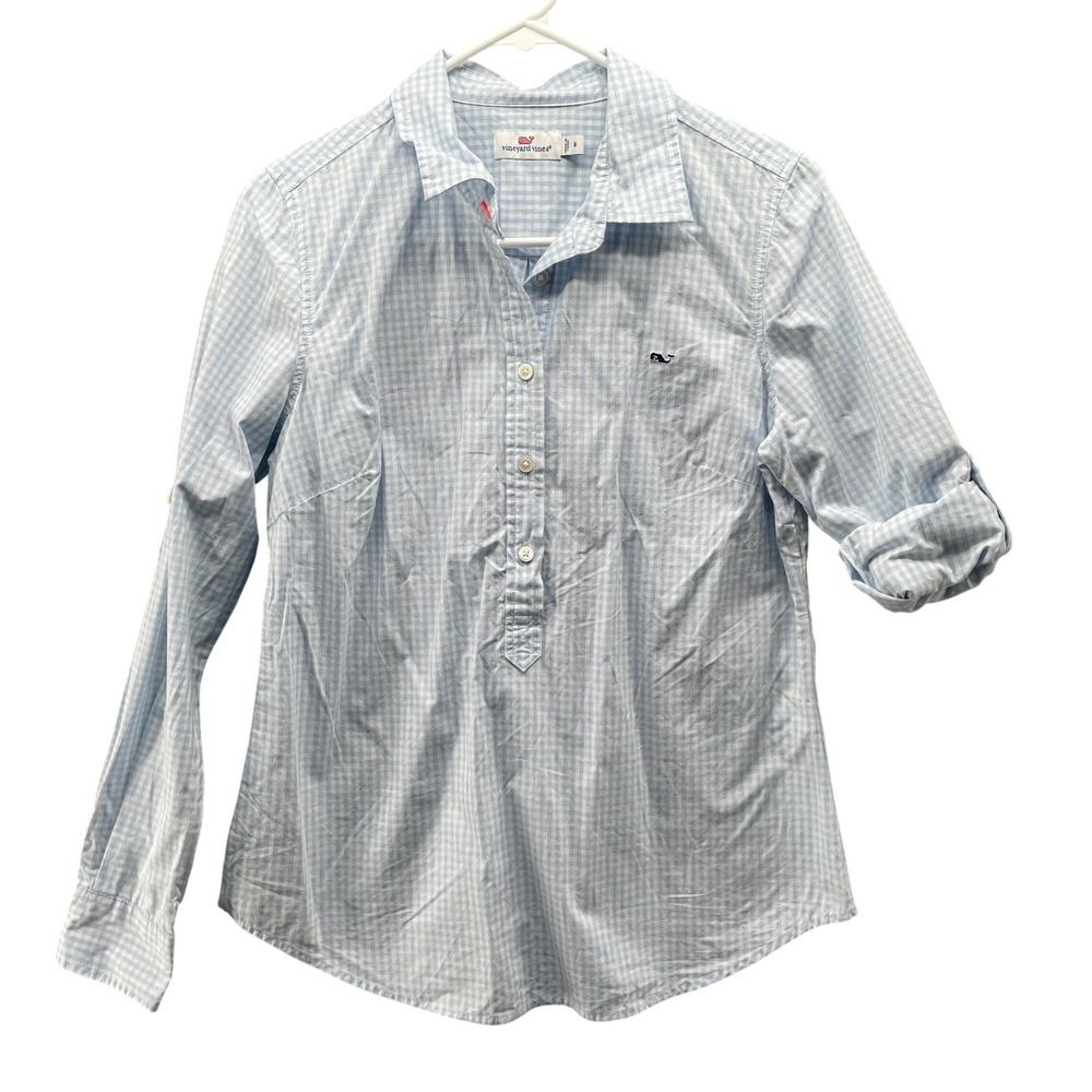 Vineyard Vines Gingham Popover Shirt Womens 8 Blue White Roll Tab Sleeve Preppy